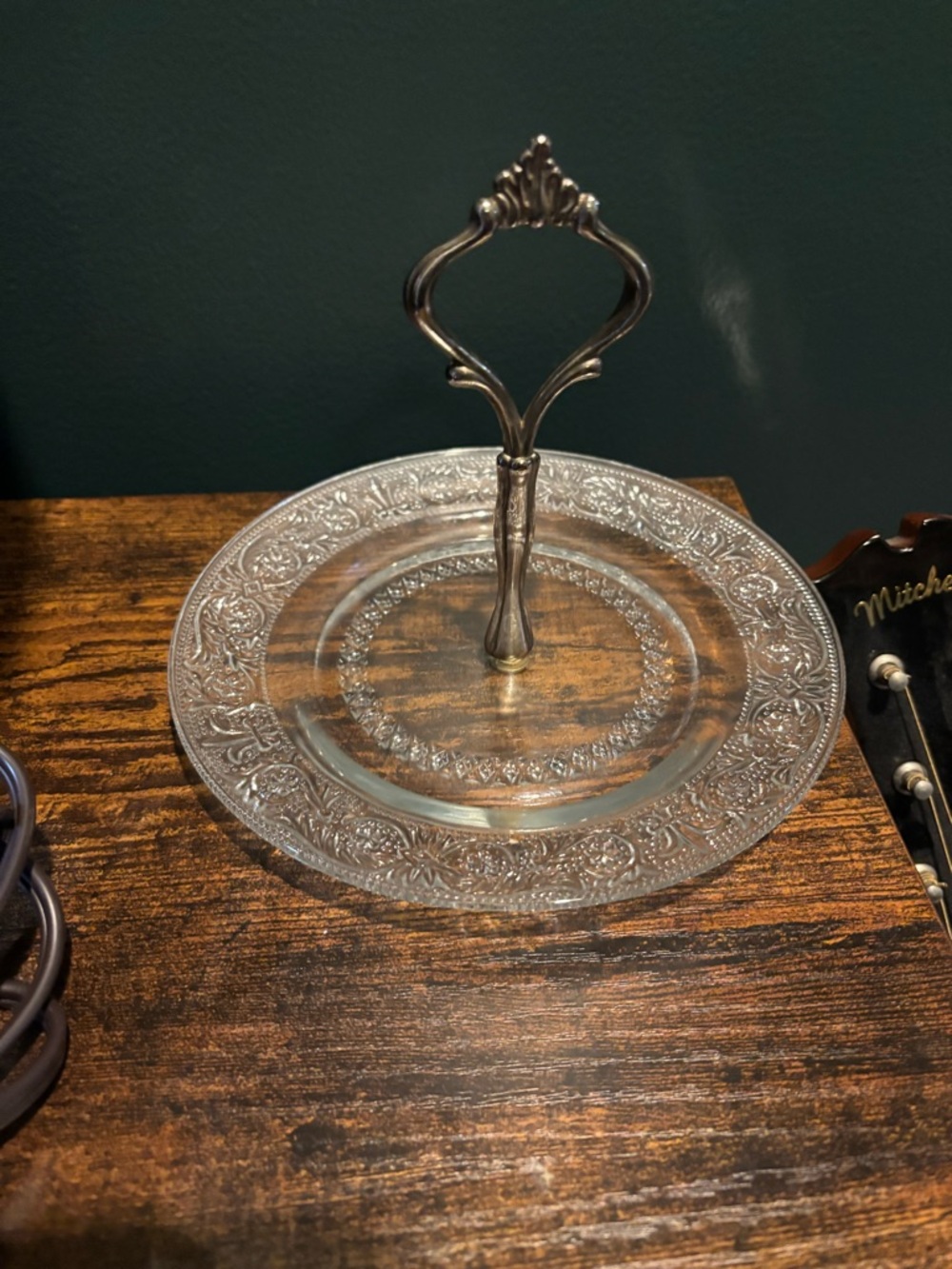 Vintage Glass Serving Plate with Silver Handle - Clear
